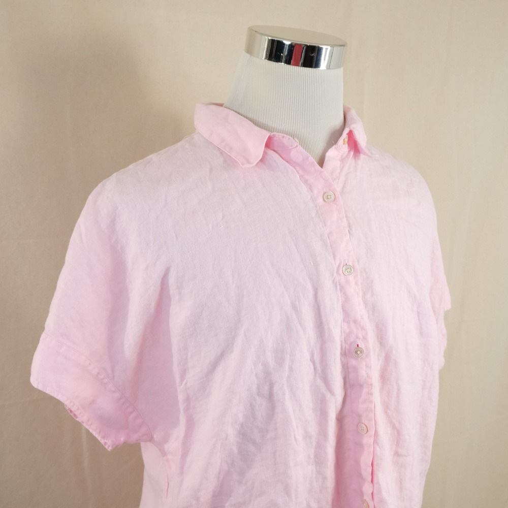 Tommy Bahama XL Hawaiian Button Up Shirt Pink 100% Linen Short Sleeve Womens
